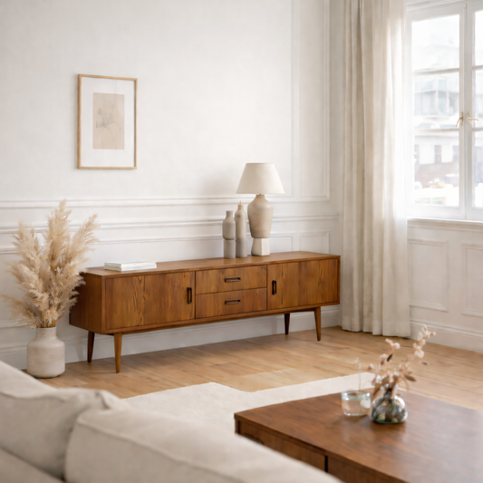 CREDENZA BASSA (MOBILE TV) CON CASSETTI E MANIGLIE IN ESSENZA